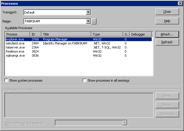 Visual Studio .NET Processes window before attaching to a process.