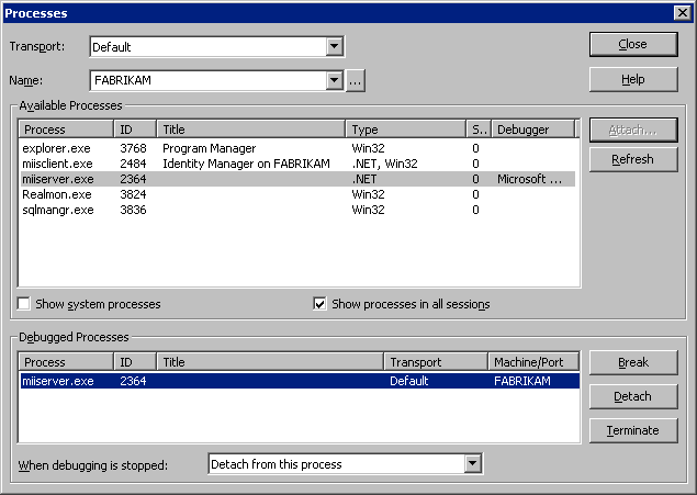 Visual Studio .NET Processes window after attaching to a process.