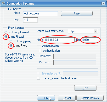 ICQ connection settings